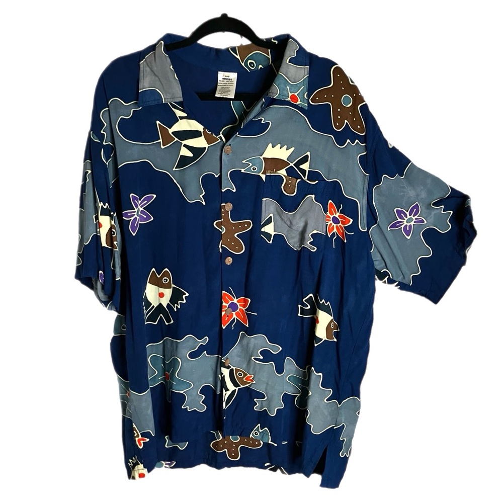 Vintage Pareos Etc. Tropical Fish Rayon Button Down Shirt - One Size / XL